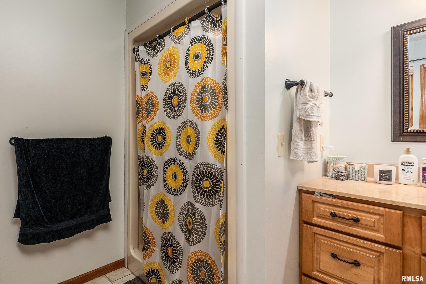 186 Bonnie Brae Road Carbondale, IL 62901 - Photo 20 of 47 a bathroom with a granite countertop sink and a shower curtain