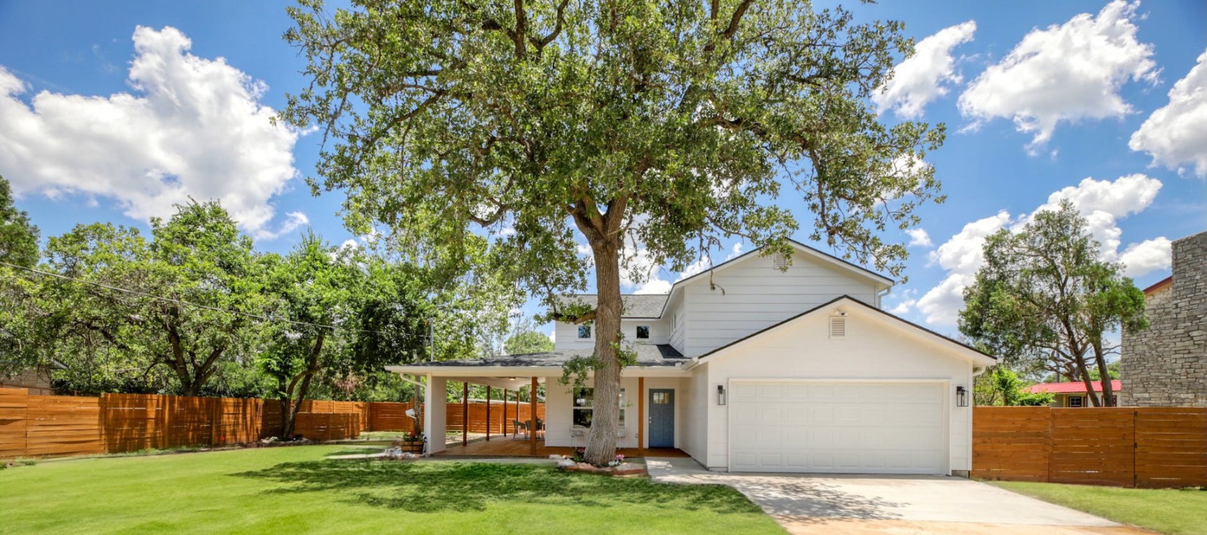 Front of Home with Oak Tree for shade and large front yard