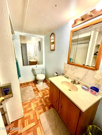 a bathroom with a sink a toilet a mirror and shower