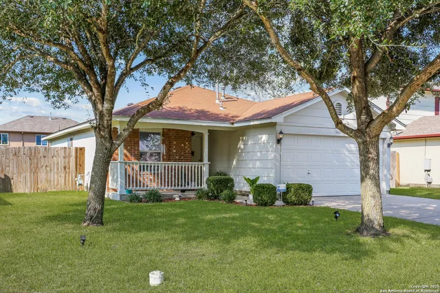 a backyard of a house with potted plants and large tree