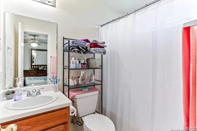 a bathroom with a sink a toilet and shower curtain