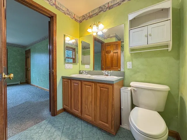 a bathroom with a toilet a sink and mirror