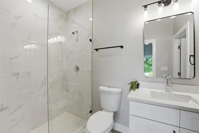 a bathroom with a toilet sink shower and vanity