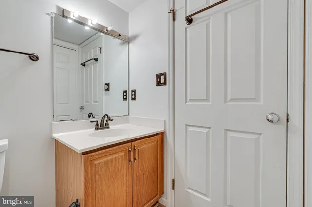 a bathroom with a sink vanity and a mirror