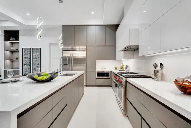 a kitchen with stainless steel appliances lots of counter space and view of kitchen