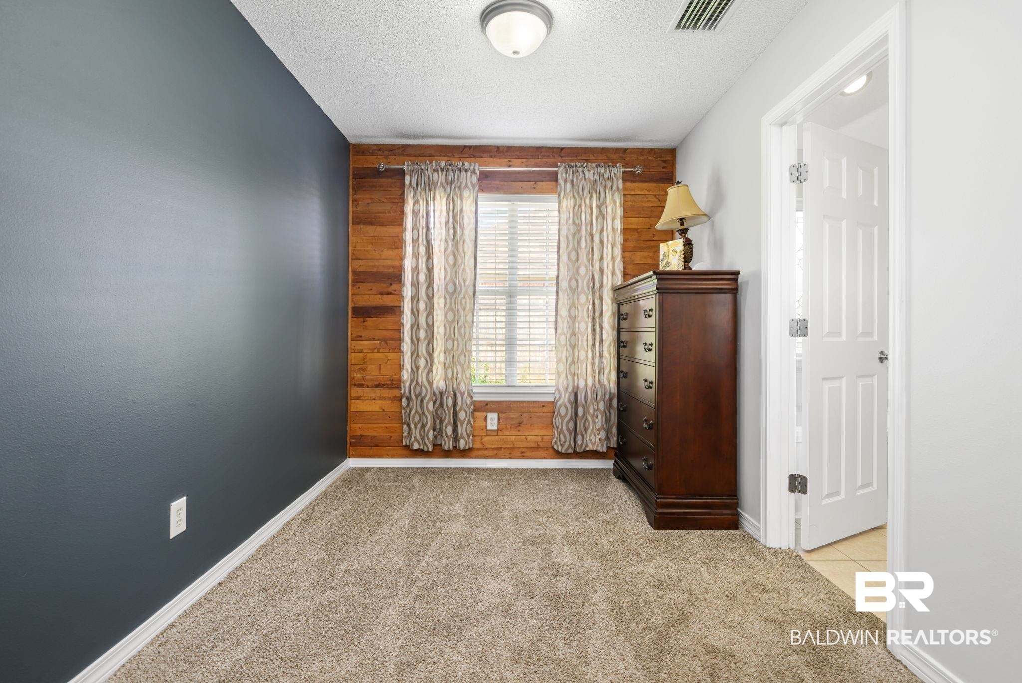 9422 Labrador Run South Mobile, AL 36695 - Photo 18 of 36 Carpeted room featuring a wood-panel accent wall, a single window, and a ceiling light fixture