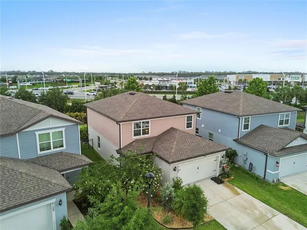 an aerial view of a house with a yard and a large tree