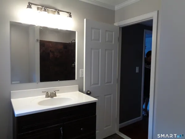 a bathroom with a sink and a mirror