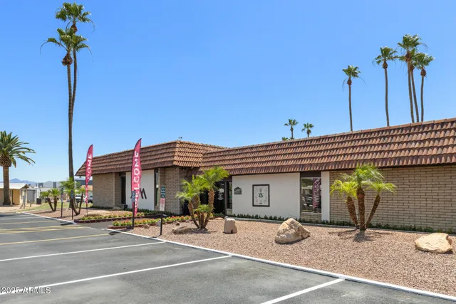 a view of a house with outdoor space and palm trees