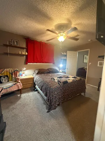 a bedroom with a bed and mirror