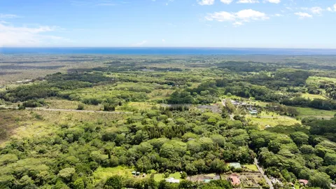 an aerial view of residential houses with outdoor space and trees
