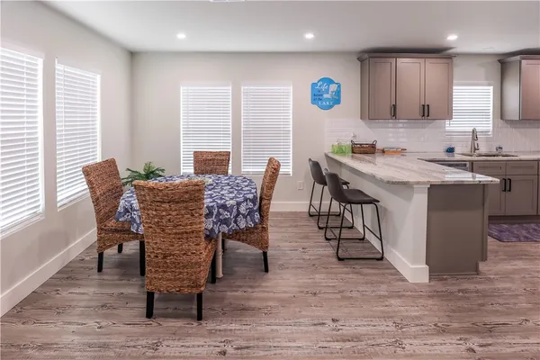 a view of a dining room with furniture