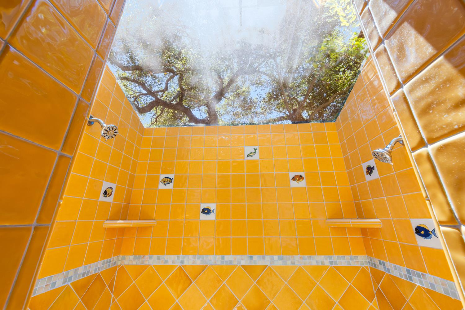 840 Fairview Road Ojai, CA 93023 - Photo 22 of 30 a bathroom with a sink and a shower curtain
