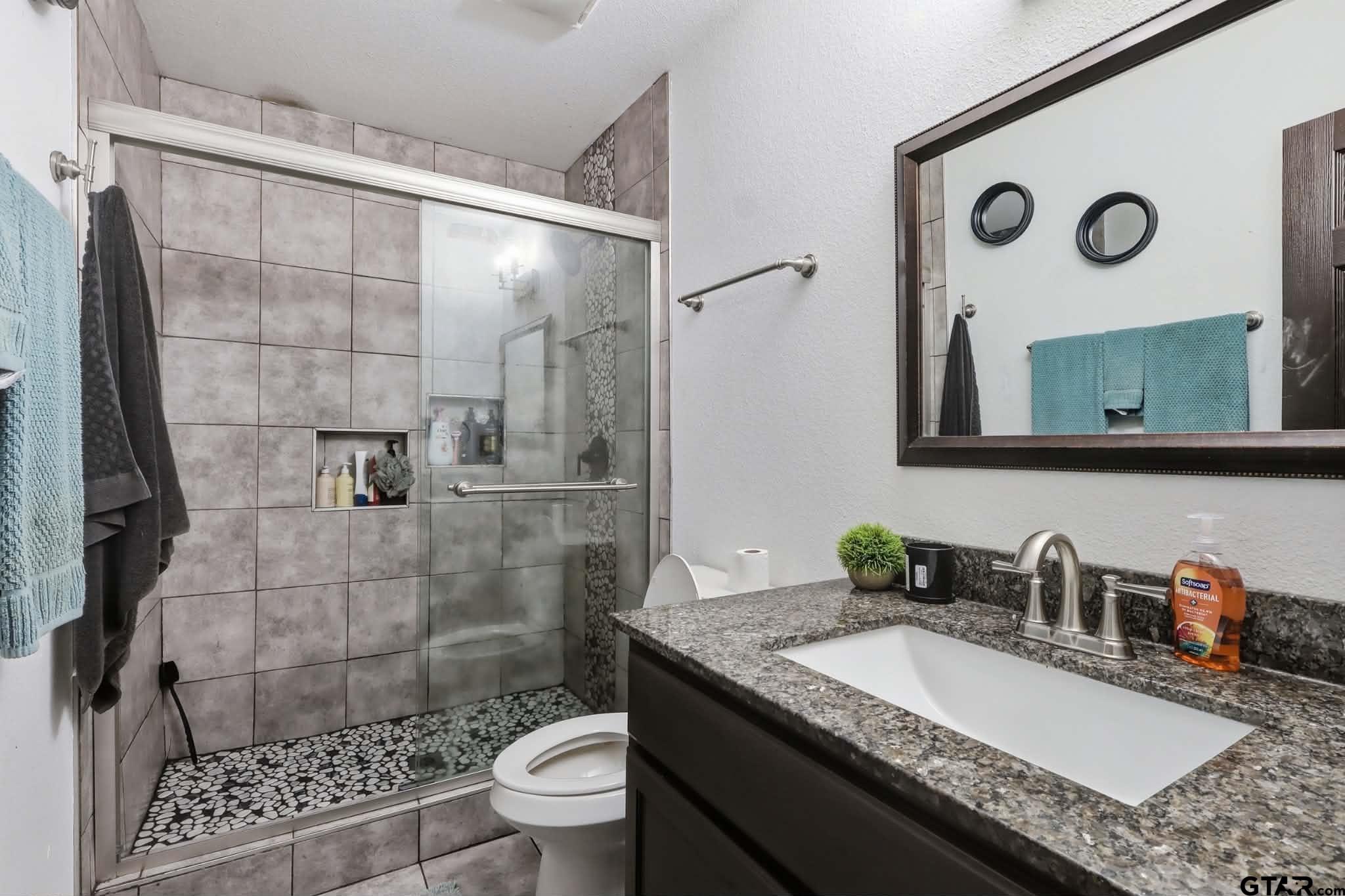 1933 Highway 11 Pittsburg, TX 75686 - Photo 17 of 34 a bathroom with a granite countertop sink a mirror a toilet and shower