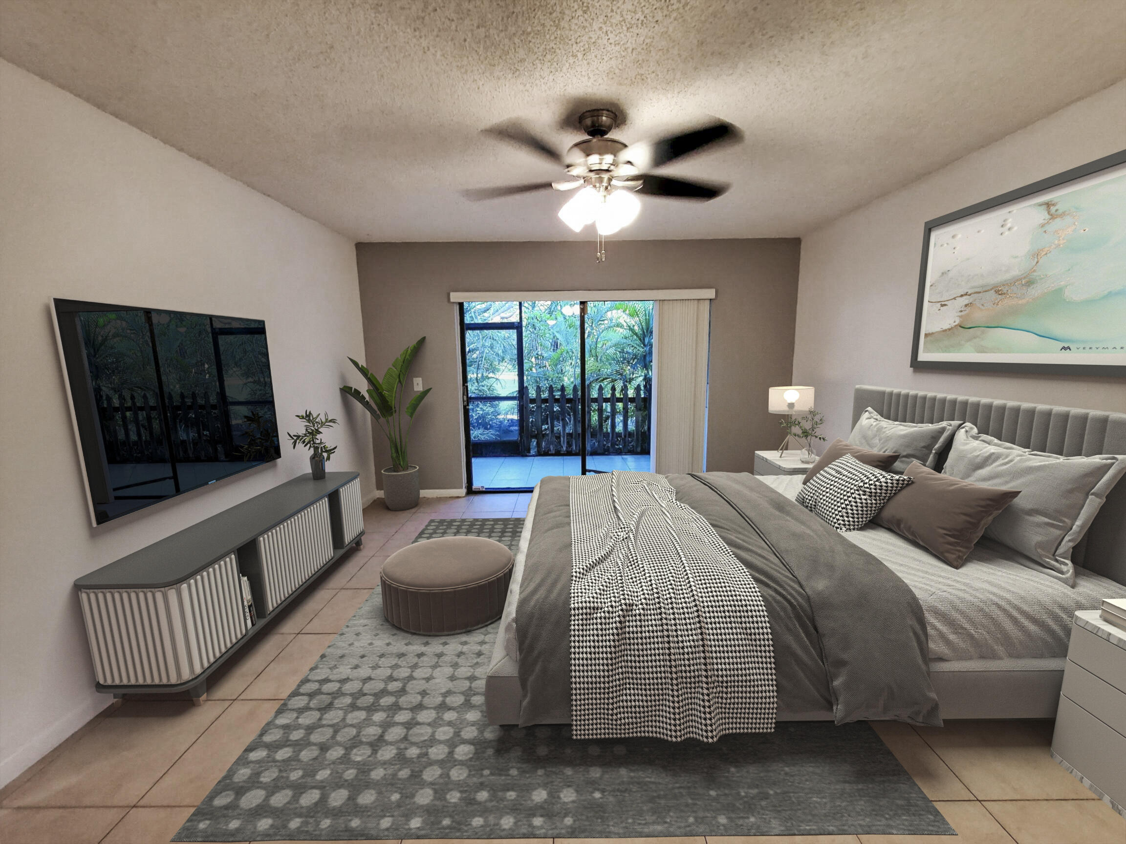 2445 Southwest 22nd Avenue, Unit 1020 Delray Beach, FL 33445 - Photo 28 of 37 a bedroom with a bed and a chandelier