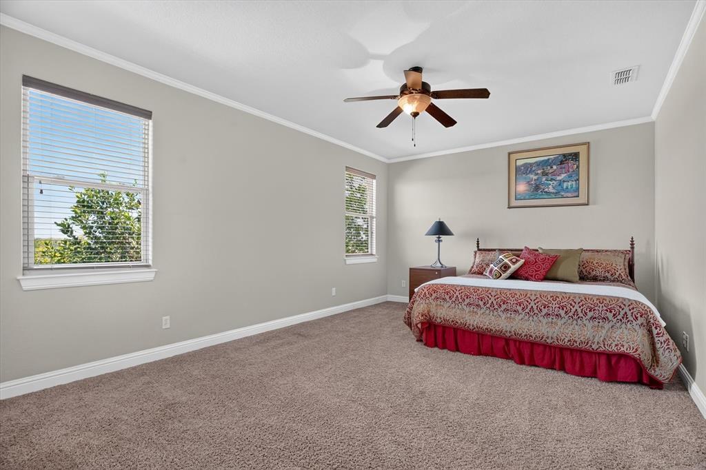 100 Canyon Ridge Trail Aledo, TX 76008 - Photo 15 of 38 Carpeted flooring, two windows with blinds, ceiling fan, and crown molding