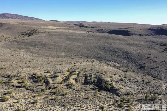 a view of a dry field with mountains in the background