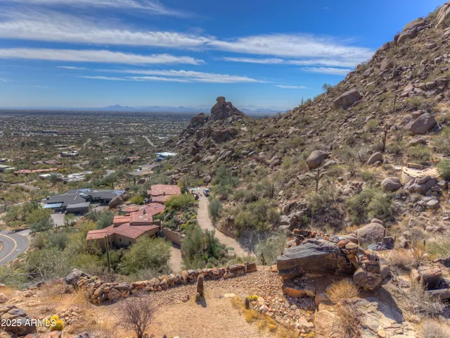 a view of a yard with a mountain