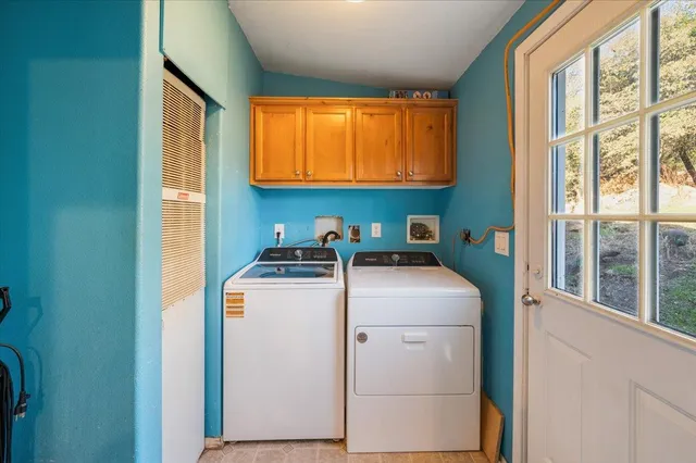 a backyard of a house with a garden and tree