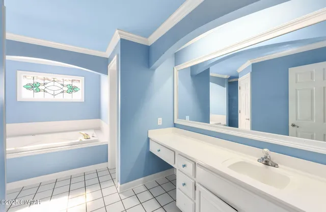 a bathroom with a tub a sink and a mirror