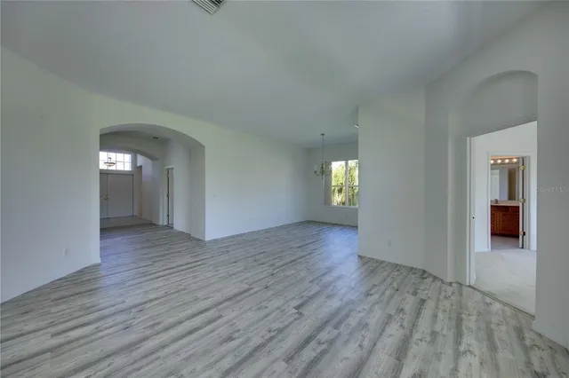 a view of a garden with large trees