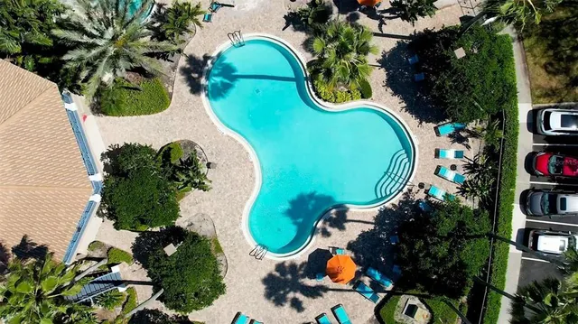 an aerial view of a swimming pool