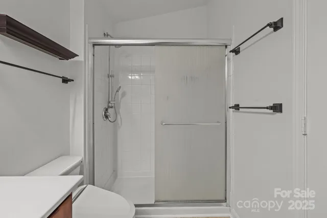 a bathroom with a shower and a toilet