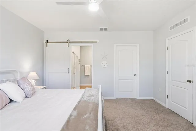 a bedroom with a bed and a closet