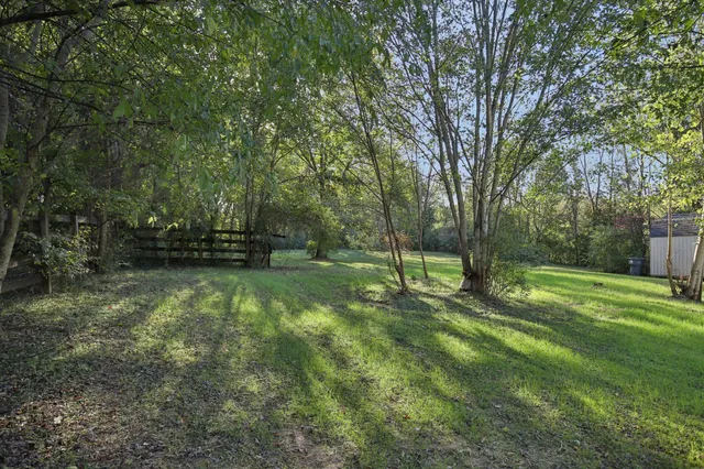 a view of a backyard with a small cabin
