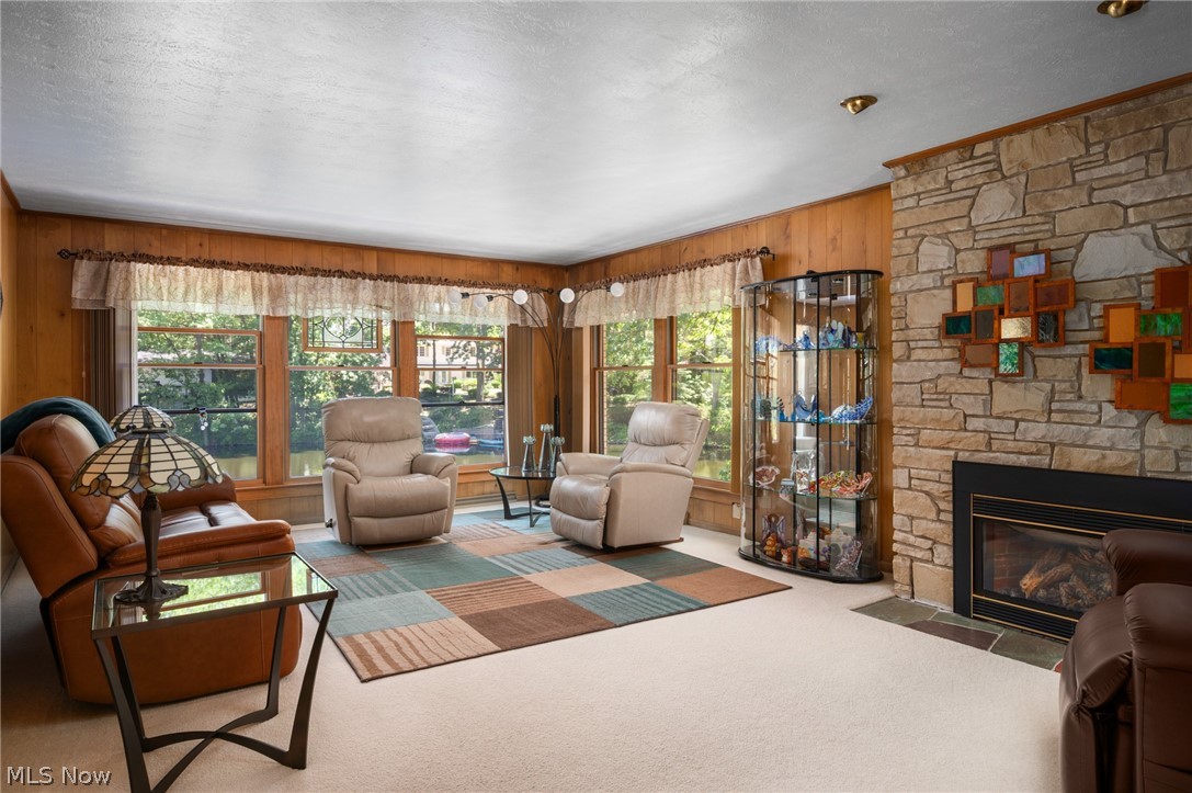 685 Sunnyside Road Vermilion, OH 44089 - Photo 4 of 50 Stone fireplace with a black firebox and hearth