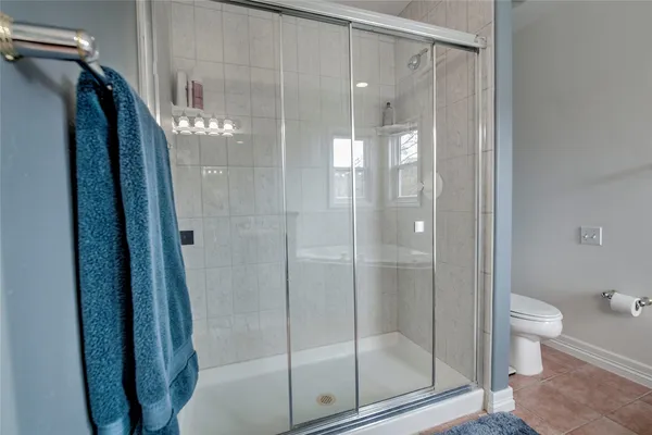 a bathroom with a shower and toilet
