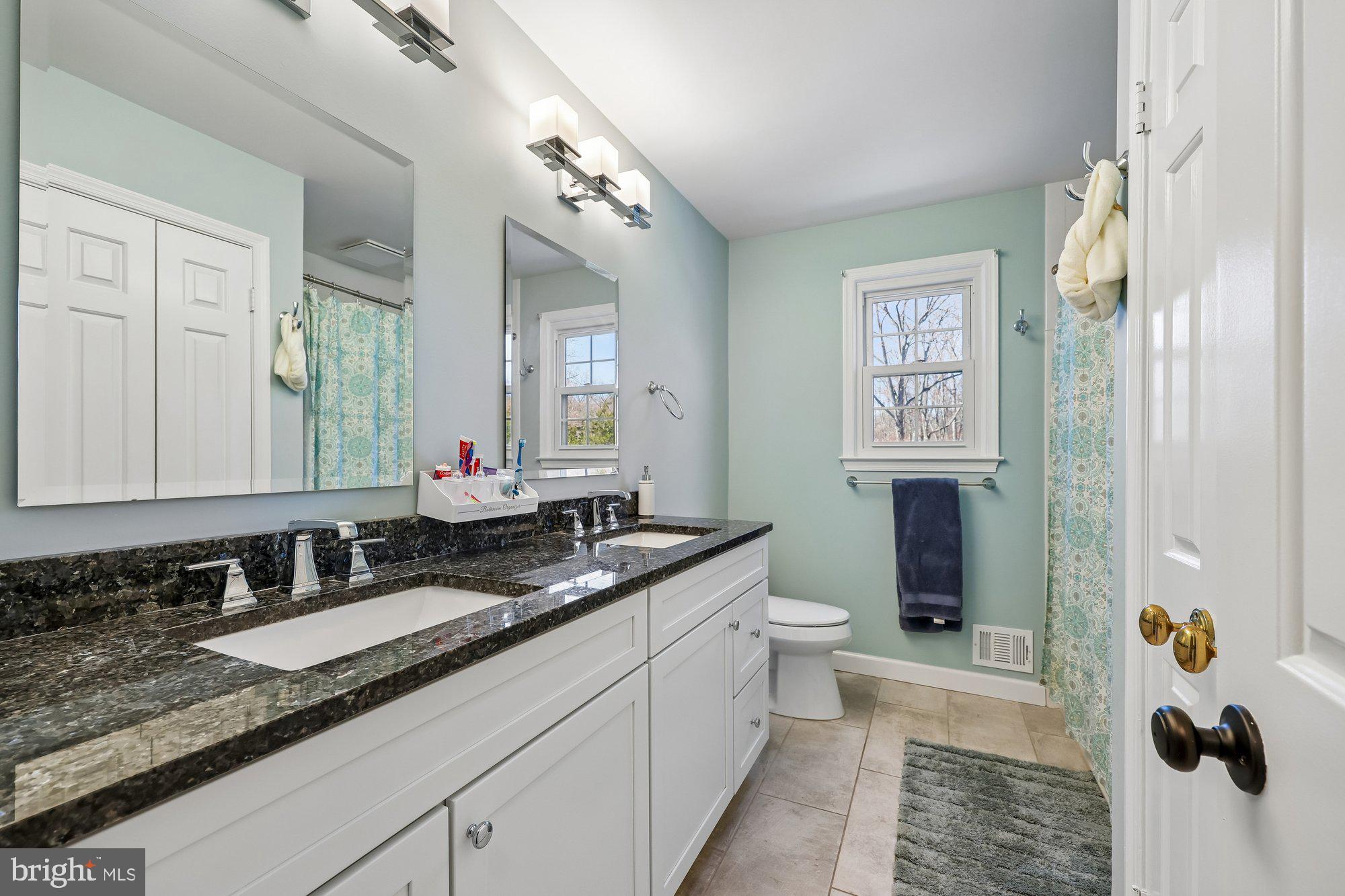 18 Kaywood Court Silver Spring, MD 20905 - Photo 57 of 71 a bathroom with a granite countertop sink a toilet a mirror and shower