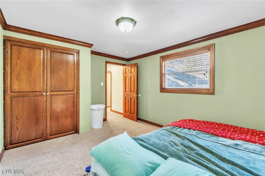 4063 Zugspitz Way Mount Charleston, NV 89124 - Photo 68 of 89 Bedroom with crown molding, light carpet, and a closet