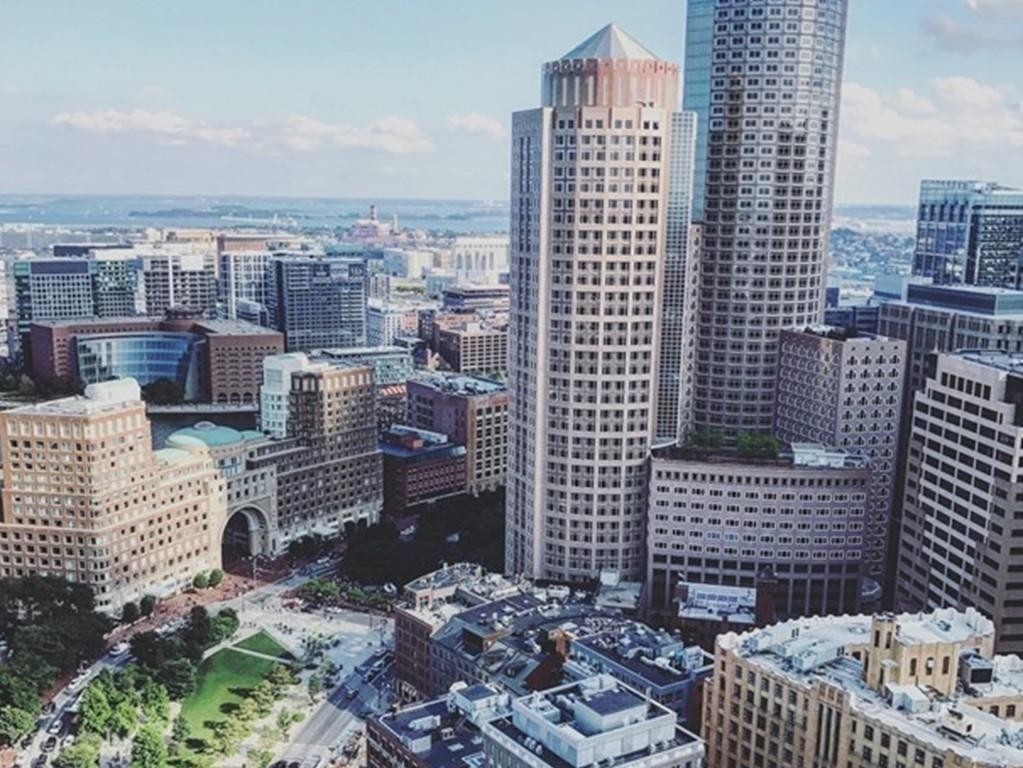 a city view with tall buildings