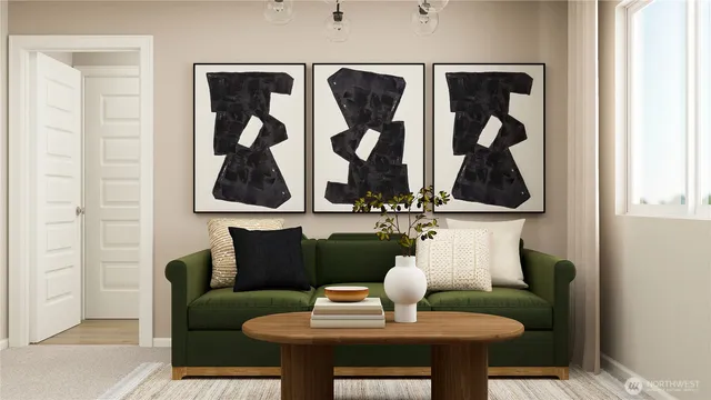 a dining room with furniture and window