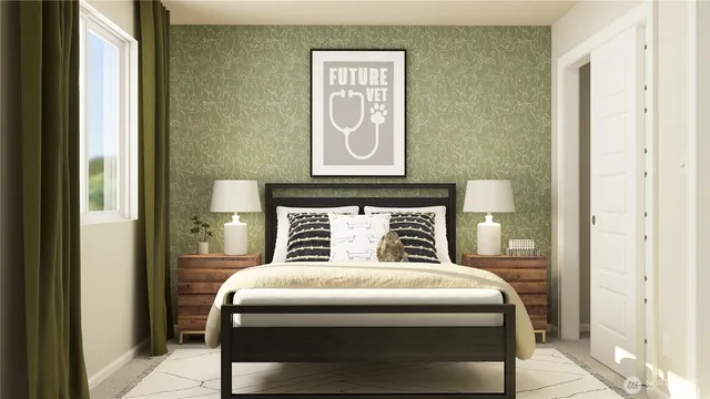 a bedroom with a bed and a painting on the wall