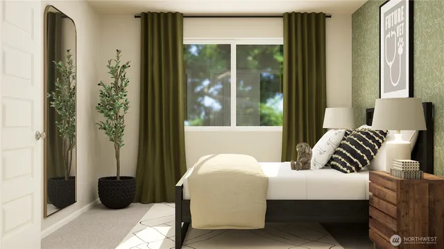 a bedroom with a bed and a large window