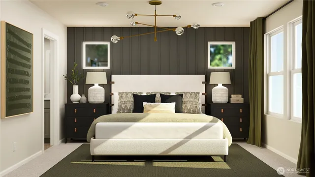 a bed room with a bed mirror and a window