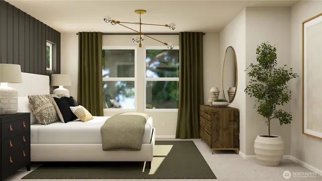 a bedroom with a large bed and a potted plant
