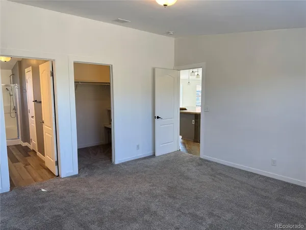 an empty room with closet and wooden door