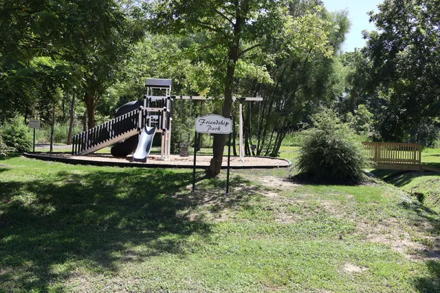 a view of a park with slide