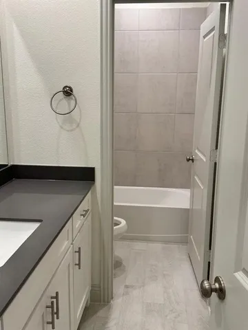 a bathroom with a tub sink vanity and a mirror
