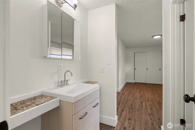 a bathroom with a sink vanity and a mirror