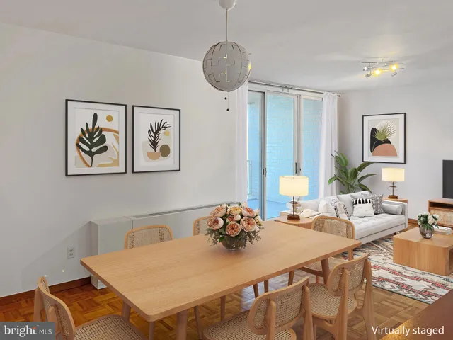 a view of a dining room with furniture