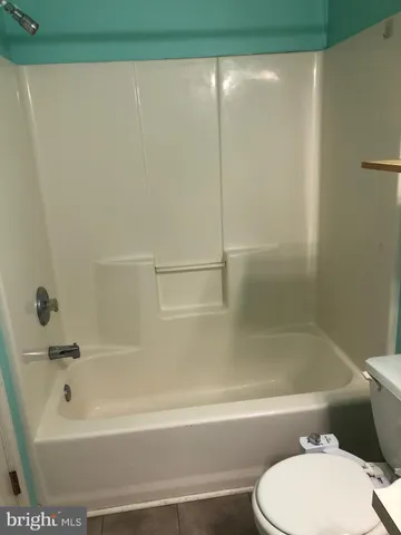 a bathroom with a bathtub and a toilet