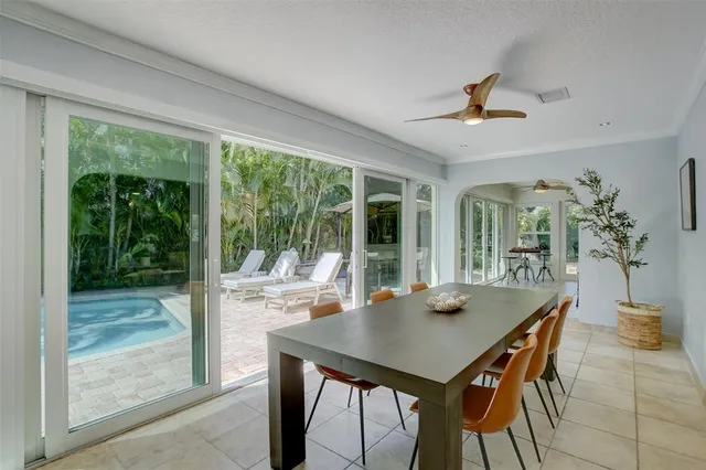 a view of a dining room with furniture window and outside view