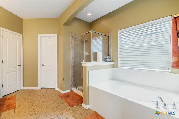 a bathroom with a bathtub and a shower