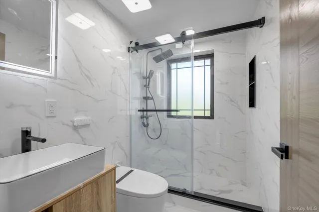 a bathroom with a granite countertop shower a toilet and a sink
