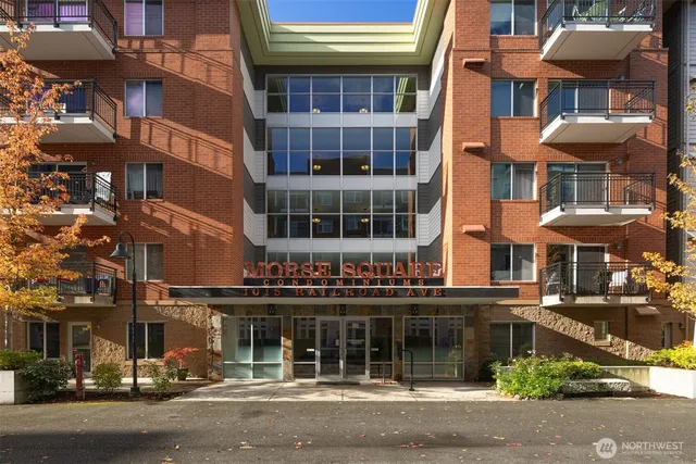 a front view of a building and a street