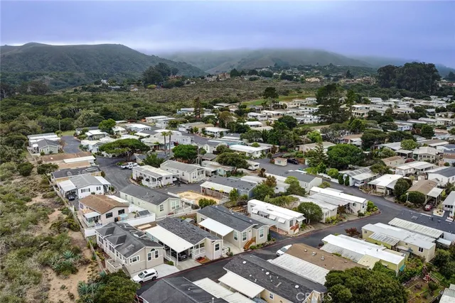 an aerial view of residential houses with outdoor space and trees